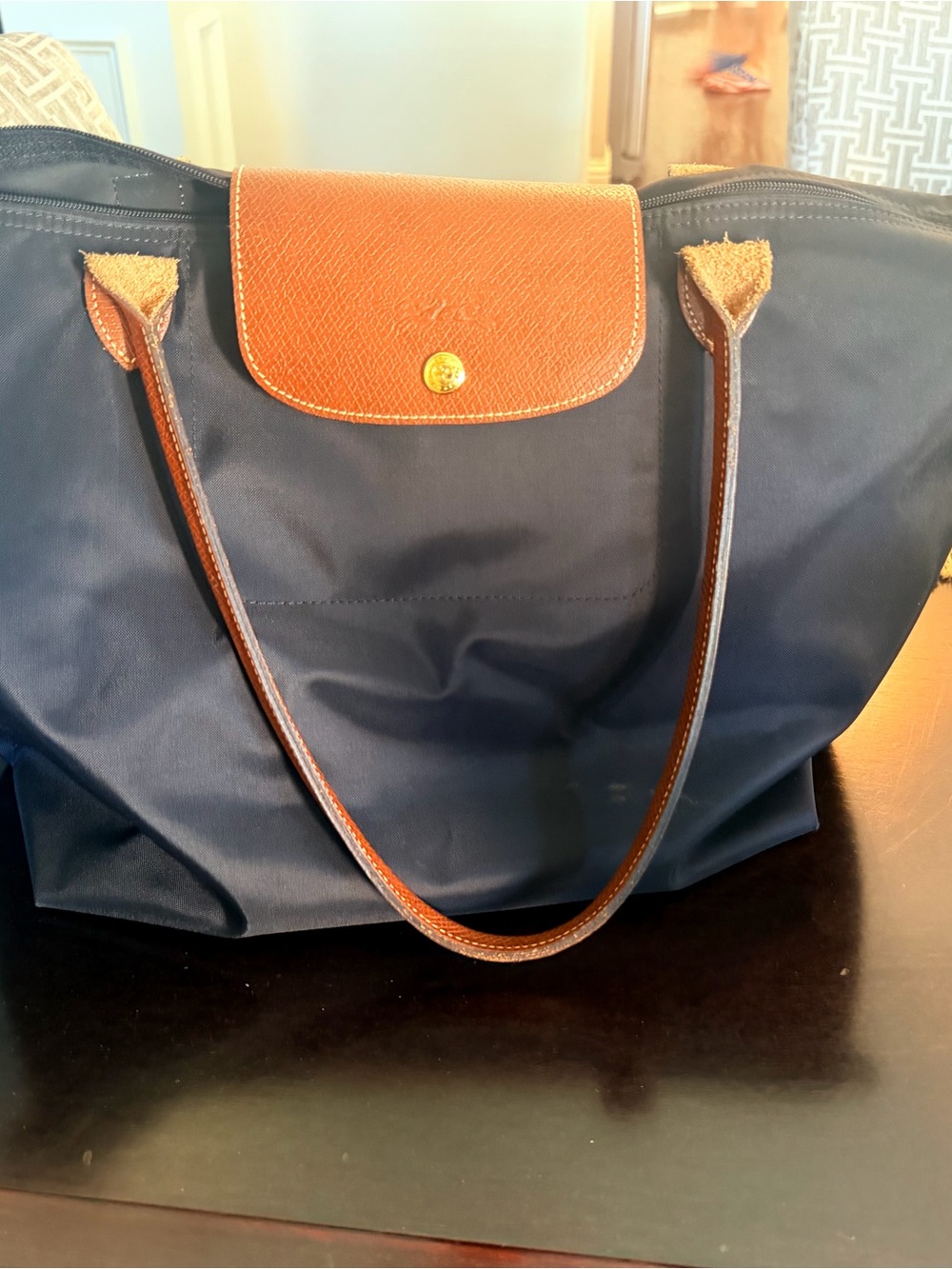 Longchamp Le Pliage Orignal Medium Nylon Tote (Black with cognac leather detail)